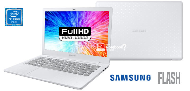 notebook branco Samsung Flash F30 tela boa Full HD tipo ips