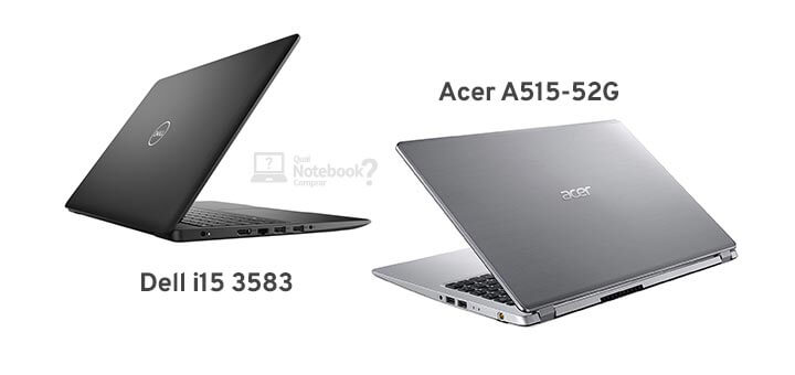 Dois notebooks lado a lado em visão traseira. De um lado Dell i15 3583 e de outro lado Acer A515-52G.