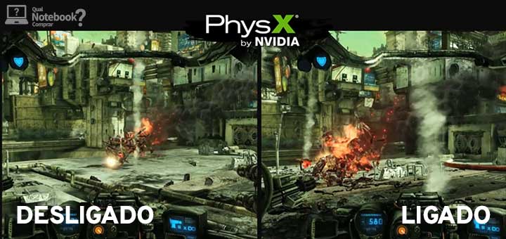 Imagem de um game comparando a diferença dos gráficos quando a tecnologia Nvidia PhysX é utilizada.
