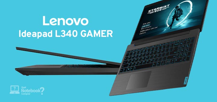 Lançamento Lenovo Ideapad L340 Gamer visão em perspectiva com tela aberta e visão lateral