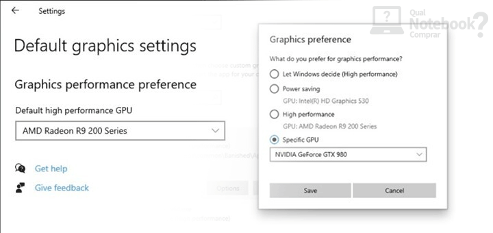 Windows 10 painel de configuração de elementos gráficos