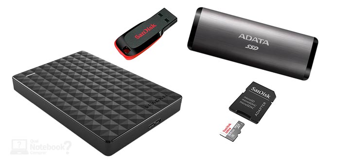 Notebooks sem leitor de CD DVD Blue-Ray opcoes de armazenamento cartoes SD HD Externo SSD Externo Pendrive