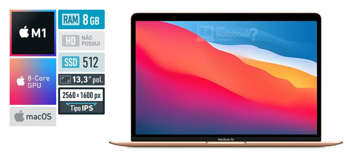 Apple MacBook Air MGNE3BZ-A M1 RAM 8 GB SSD 512 GB Tela 13-3 polegadas 2560 x 1600 IPS macOS