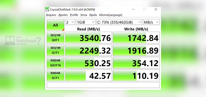 Review Dell XPS 13 9300 armazenamento SSD NVMe x4 CrystalDiskMark desempenho
