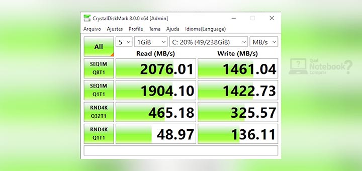 Review HP ProBook 445 G7 SSD M2 NVMe CrystalDiskMark leitura escrita