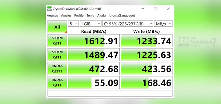 Review Lenovo IdeaPad S145 82DJ0000BR armazenamento velocidade SSD CrystalDiskMark