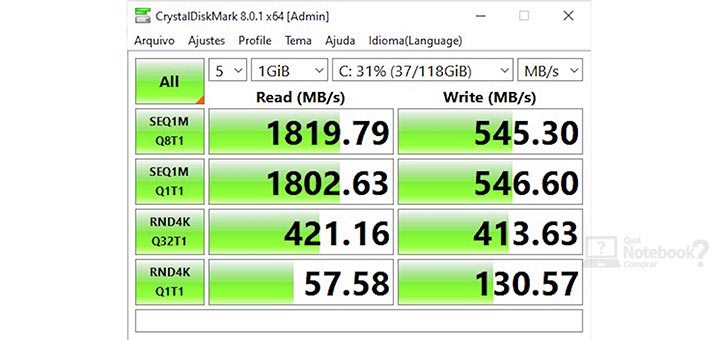 Review Acer Aspire 3 A514-53 armazenamento SSD CrystalDiskMark performance desempenho velocidades