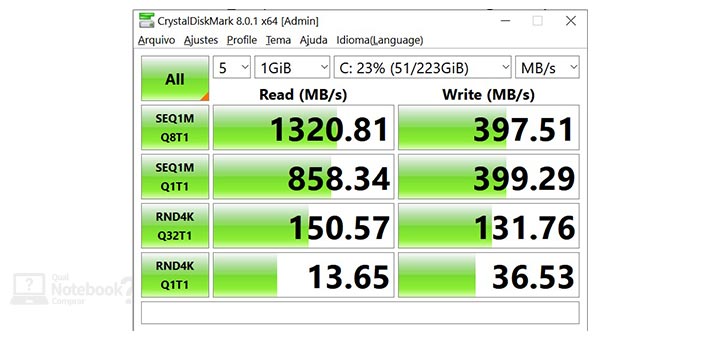 Review Samsung Galaxy Book S NP767XCM-K01BR armazenamento SSD CrystalDiskMark velocidade desempenho