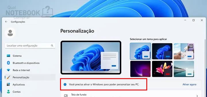 Microsoft windows 11 tela de fundo notebook PC desktop ativacao chave key personalizar configuracoes