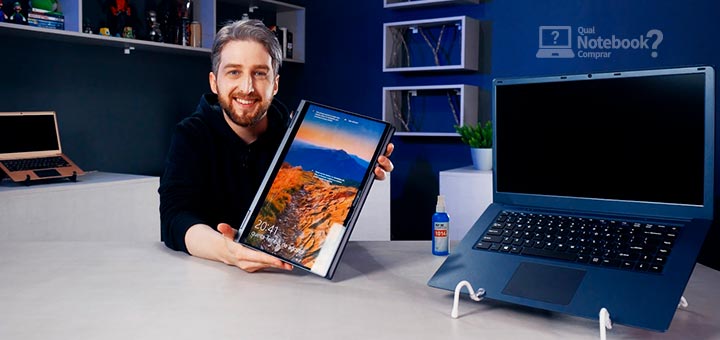 Unboxing do ultrafino premium Lenovo Yoga 7i 82LW0001BR - Maikhol Thomas escritorio azul