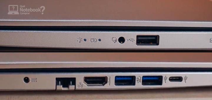 Unboxing notebook Acer Aspire 5 A514-54-368P portas e conexoes HDMI USB RJ-45 trava de seguranca