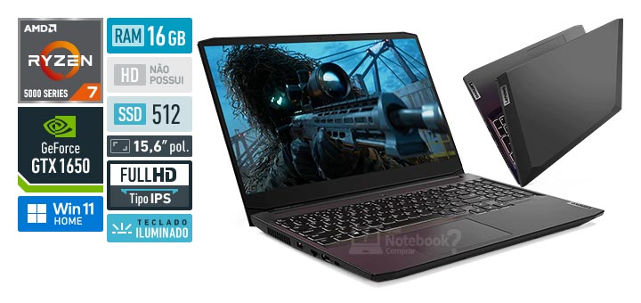 Lenovo IdeaPad Gaming 3 82MJ0000BR AMD Ryzen 7 RAM 16 GB SSD 512 GB Nvidia GeForce GTX 1650 Full HD IPS