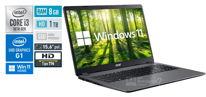 Acer Aspire 3 A315-56-36DB Intel Core i3 10th RAM 8 GB HDD 1 TB HD TN Windows 11