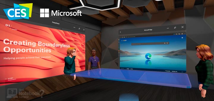 Microsoft CES 2022 imagem de capa com tres personagens virtuais em reuniao