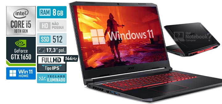 Acer Aspire Nitro 5 AN517-52-50RS Intel Core i5 10th RAM 8 GB SSD 512 GB NVIDIA GeForce GTX 1650 Full HD IPS 144 Hz Windows 11