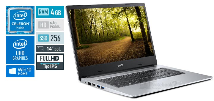 Acer Aspire 3 A314-35-C4CZ Celeron N4500 RAM 4 GB SSD 256 GB Tela 14 polegadas Full HD IPS Windows 10 Home