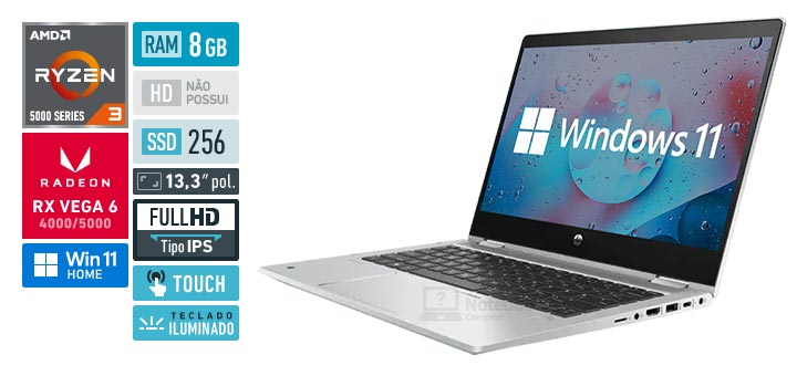 HP ProBook x360 435 G8 5R5A6LA Ryzen 3 Série 5000 RAM 8 GB SSD 256 GB Tela 13,3 polegadas IPS Windows 11 Home