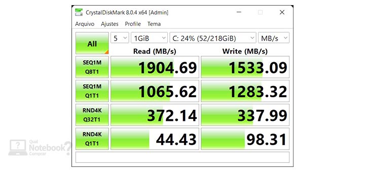 Review notebook gamer Dell G15-i1000-M10P SSD PCIe NVMe x4 CrystalDiskMark velocidade transferencia dados