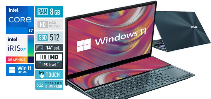 ASUS ZenBook Duo 14 UX482EAR-KA370W Core i7 11ª geração RAM 8 GB SSD 512 GB Tela 14 polegadas IPS-level touchscreen Windows 11 Home ScreenPad Plus 12,5 polegadas 1920 x 515 px