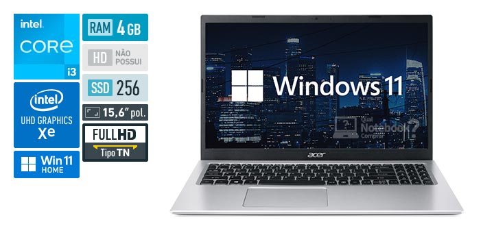 Acer Aspire 3 A315-58-38SD Core i3 11ª geração RAM 4 GB SSD 256 GB Tela 15,6 polegadas TN Windows 11 Home