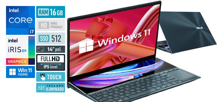 ASUS ZenBook Duo 14 UX482EAR-KA371W Core i7 11 a geracao RAM 16 GB SSD 512 GB Tela 14 polegadas Full HD IPS-level Windows 11 Home ScreenPad Plus 12-5 polegadas 1920 x 515 px