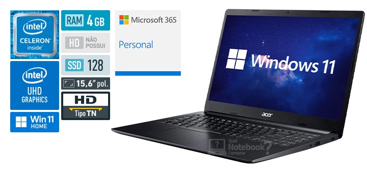 Acer Aspire 3 A315-34-C2BV Celeron RAM 4 GB SSD 128 GB Tela 15-6 polegadas HD TN Windows 11 Home Office 365 1 ano OneCloud 1 ano