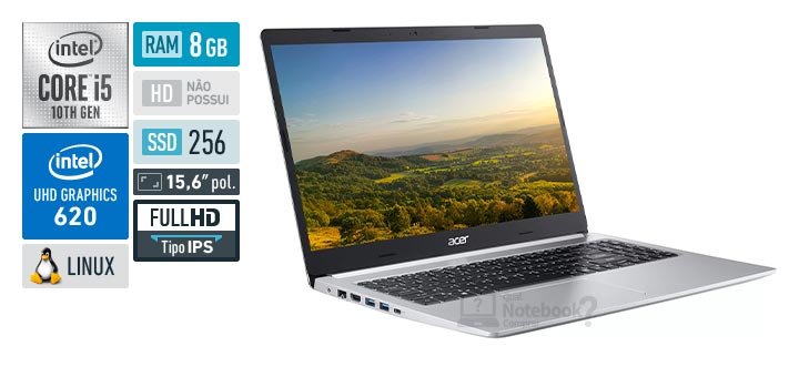 Acer Aspire 5 A515-54-55AT Core i5 10a geracao RAM 8 GB SSD 256 GB Tela 15-6 polegadas Full HD IPS Linux Endless OS