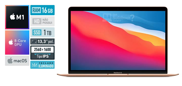 Apple MacBook Air MGQP3BZ-A M1 RAM 16 GB SSD 1024 GB Tela 13-3 polegadas 2560 x 1600 IPS macOS