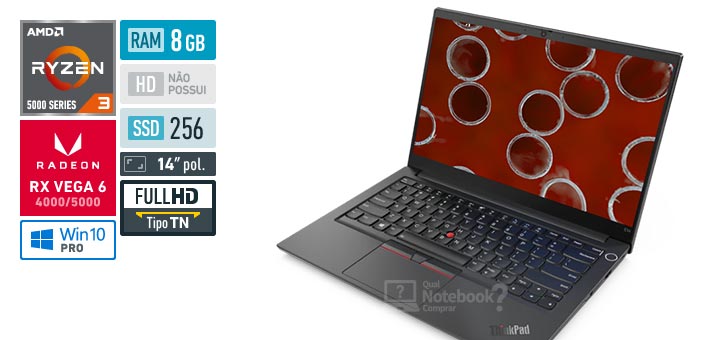 Lenovo ThinkPad E14 20YD0006BO Ryzen 3 Serie 5000 RAM 8 GB SSD 256 GB Tela 14 polegadas Full HD TN Windows 10 Pro