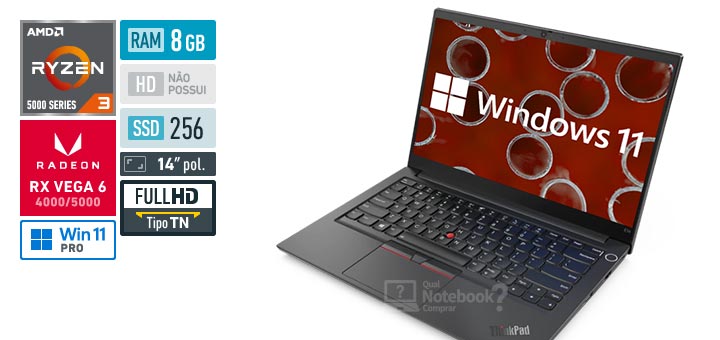 Lenovo ThinkPad E14 20YD000PBO Ryzen 3 Serie 5000 RAM 8 GB SSD 256 GB Tela 14 polegadas Full HD TN Windows 11 Pro