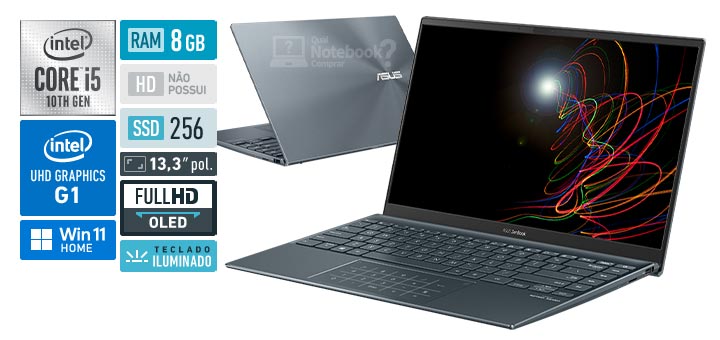 ASUS ZenBook 13 UX325JA-KG302W Core i5 10a geracao RAM 8 GB SSD 256 GB Tela 13-3 polegadas Full HD OLED Windows 11 Home Adaptador USB-C para audio P2