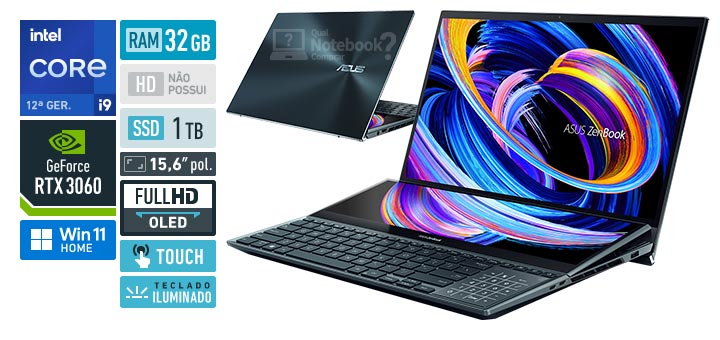 ASUS ZenBook Pro Duo 15 UX582ZM-KY062W Core i9 12a geracao GeForce RTX 3060 RAM 32 GB SSD 1 TB Tela 15-6 polegadas Full HD OLED touchscreen Windows 11 Home ScreenPad Plus
