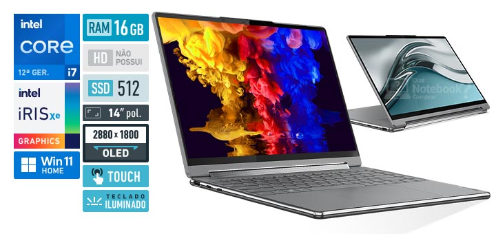 Lenovo Yoga 9i 82LU0082BR Core i7 12a geracao RAM 16 GB SSD 512 GB Tela 14 polegadas 2880 x 1800 touchscreen 90 Hz Windows 11 Home