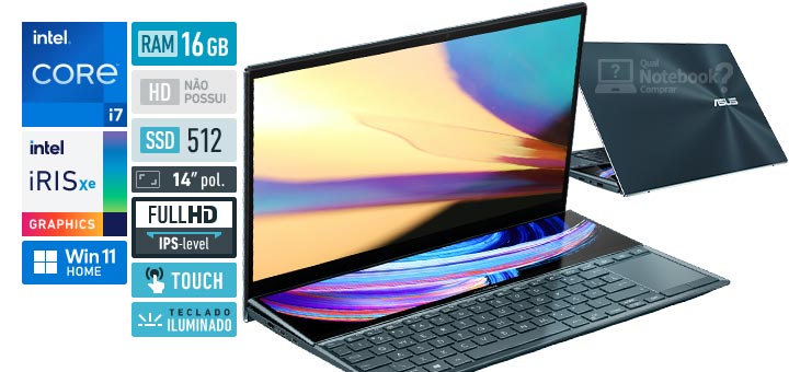 ASUS ZenBook Duo 14 UX482EAR-HY438W Core i7 11a geracao RAM 16 GB SSD 512 GB Tela 14 polegadas Full HD IPS-level touchscreen Windows 11 Home ScreenPad Plus 12-5 polegadas 1920 x 515 px