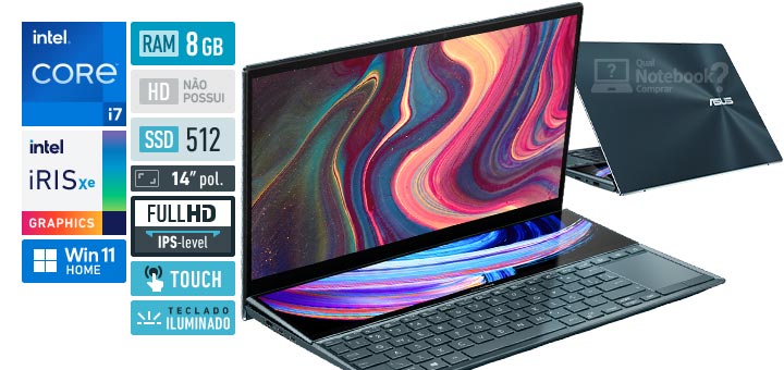 ASUS ZenBook Duo 14 UX482EAR-HY439W Core i7 11a geracao RAM 8 GB SSD 512 GB Tela 14 Full HD IPS-level touchscreen Windows 11 Home ScreenPad Plus 12-5 polegadas 1920 x 515 px