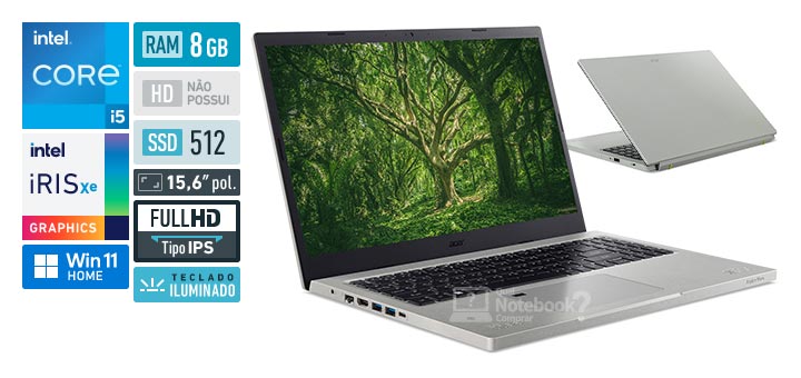 Acer Aspire Vero AV15-51-55NY Core i5 11a geracao RAM 8 GB SSD 512 GB Tela 15-6 polegadas Full HD IPS Windows 11 Home