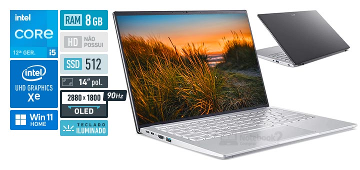 Acer Swift 3 SF314-71-50AQ Core i5 12a geracao RAM 8 GB SSD 512 GB Tela 14 polegadas 2880 x 1800 OLED 90 Hz Windows 11 Home