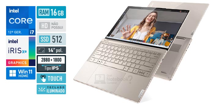 Lenovo Yoga Slim 9i 82T0000QBR Core i7 12a geracao RAM 16 GB SSD 512 GB Tela 14 polegadas 2880 x 1800 IPS touchscreen Windows 11 Home