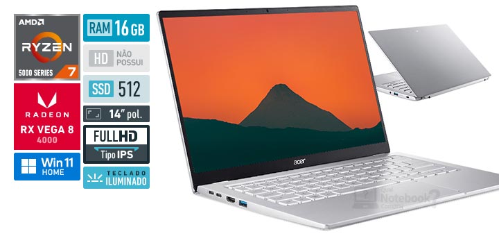 Acer Swift 3 SF314-44-R5HJ Ryzen 7 Serie 5000 RAM 16 GB SSD 512 GB Tela 14 polegadas Full HD IPS Windows 11 Home