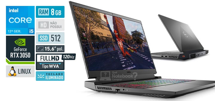 Dell G15-i1200-U20P Core i5 12a geracao GeForce RTX 3050 RAM 8 GB SSD 512 GB Tela 15-6 polegadas Full HD WVA 120 Hz Linux Ubuntu Antivirus McAfee 15 meses