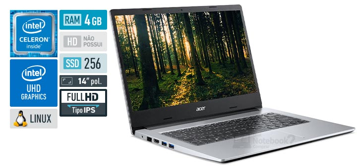 Acer Aspire 3 A314-35-C2KV Celeron RAM 4 GB SSD 256 GB Tela 14 polegadas Full HD IPS Linux