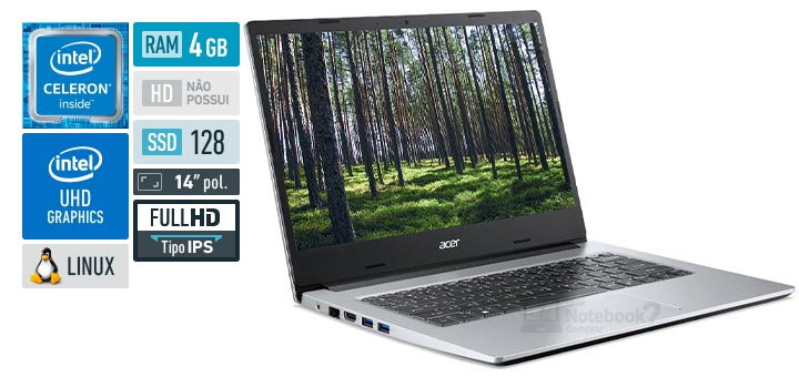 Acer Aspire 3 A314-35-C393 Celeron RAM 4 GB SSD 128 GB Tela 14 polegadas Full HD IPS Linux