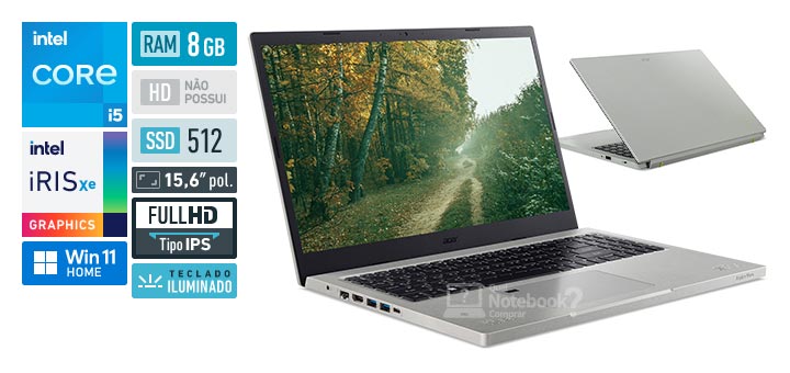 Acer Aspire Vero AV15-51-58ZM Core i5 11 geracao RAM 8 GB SSD 512 GB Tela 15-6 polegadas Full HD IPS Windows 11 Home