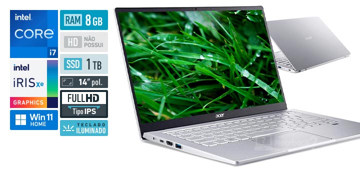 Acer Swift 3 SF314-511-75B0 Core i7 11a geracao RAM 8 GB SSD 1 TB Tela 14 polegadas Full HD IPS Windows 11 Home