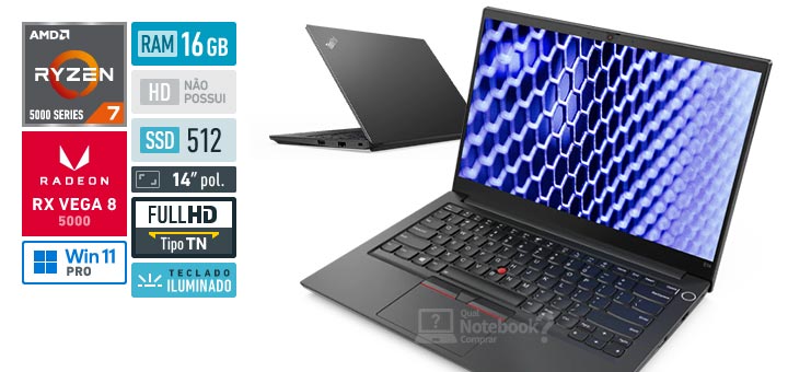 Lenovo ThinkPad E14 20YD000YBO Ryzen 7 Serie 5000 RAM 16 GB SSD 512 GB Tela 14 polegadas Full HD TN Windows 11 Pro