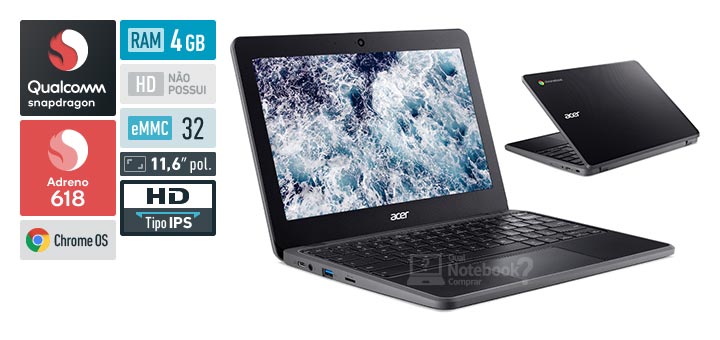 Acer Chromebook 511 C741L-S06P Snapdragon 7c Gen 1 RAM 4 GB SSD eMMC 32 GB Tela 11-6 polegadas HD IPS Chrome OS