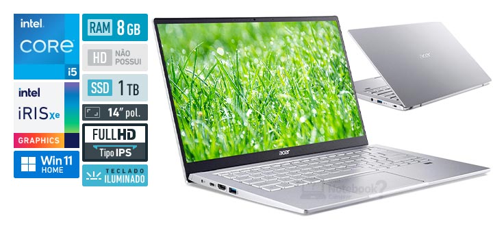 Acer Swift 3 SF314-511-561N Core i5-1135G7 11 geracao RAM 8 GB SSD 1 TB Tela 14 polegadas Full HD IPS Windows 11 Home