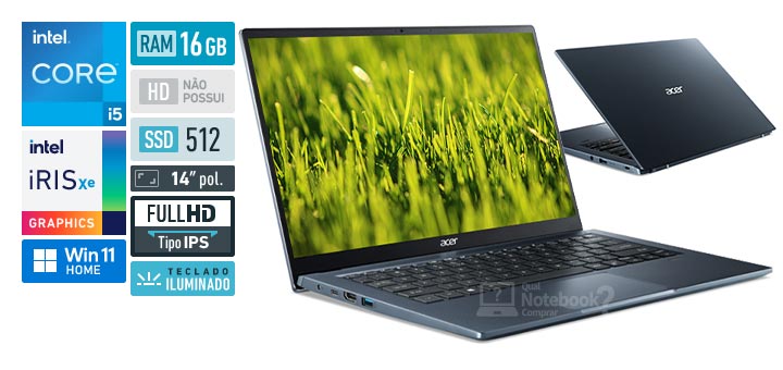 Acer Swift 3 SF314-511-56UR Core i5 11 geracao RAM 16 GB SSD 512 GB Tela 14 polegadas Full HD IPS Windows 11 Home