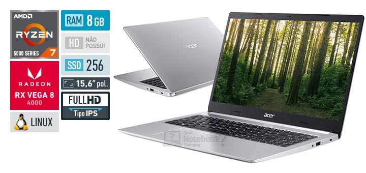 Acer Aspire 5 A515-45-R4ZF Ryzen 7 5700U Serie 5000 RAM 8 GB SSD 256 GB Tela 15-6 polegadas Full HD IPS Linux