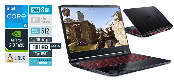 Acer Aspire Nitro 5 AN515-57-52ZQ Core i5 11400H 11 geracao GeForce GTX 1650 RAM 8 GB SSD 512 GB Tela 15-6 polegadas Full HD IPS 144 Hz Linux